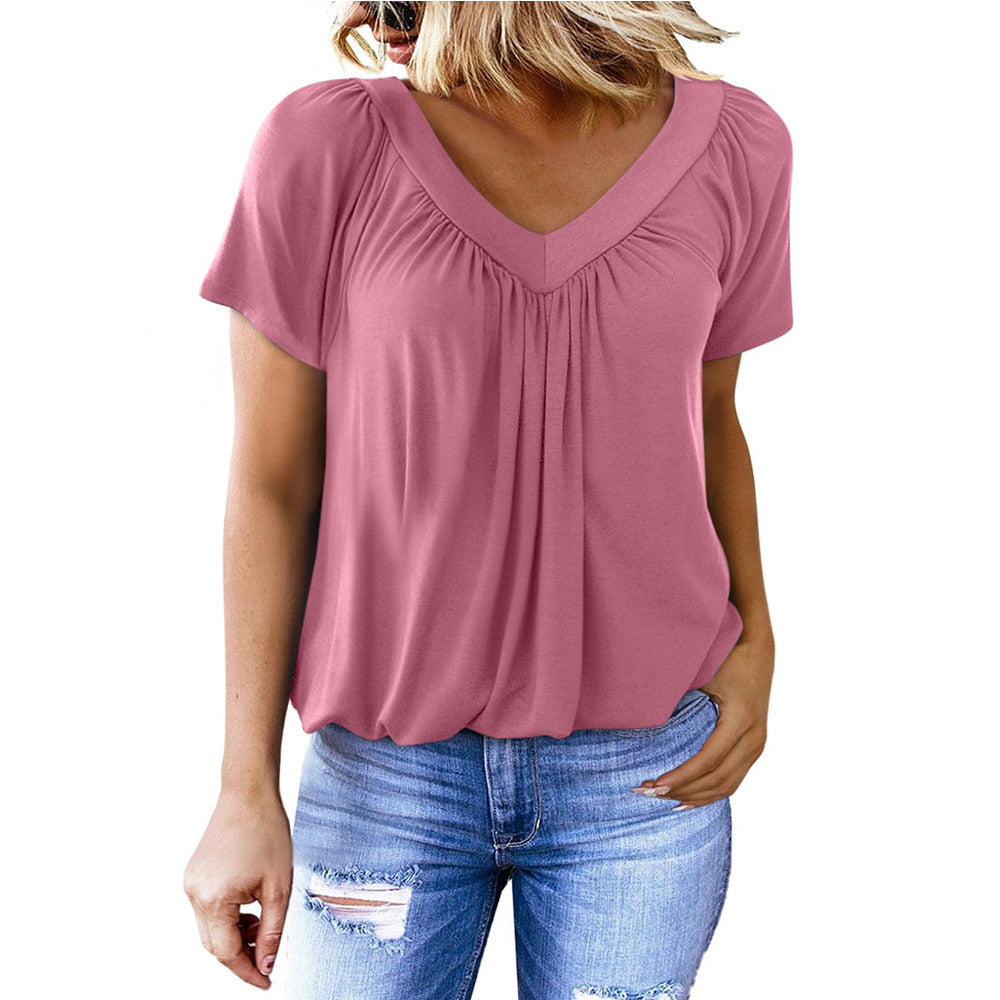 Women's Summer Pleated Loose Short-sleeved Cotton T-shirt Blouses