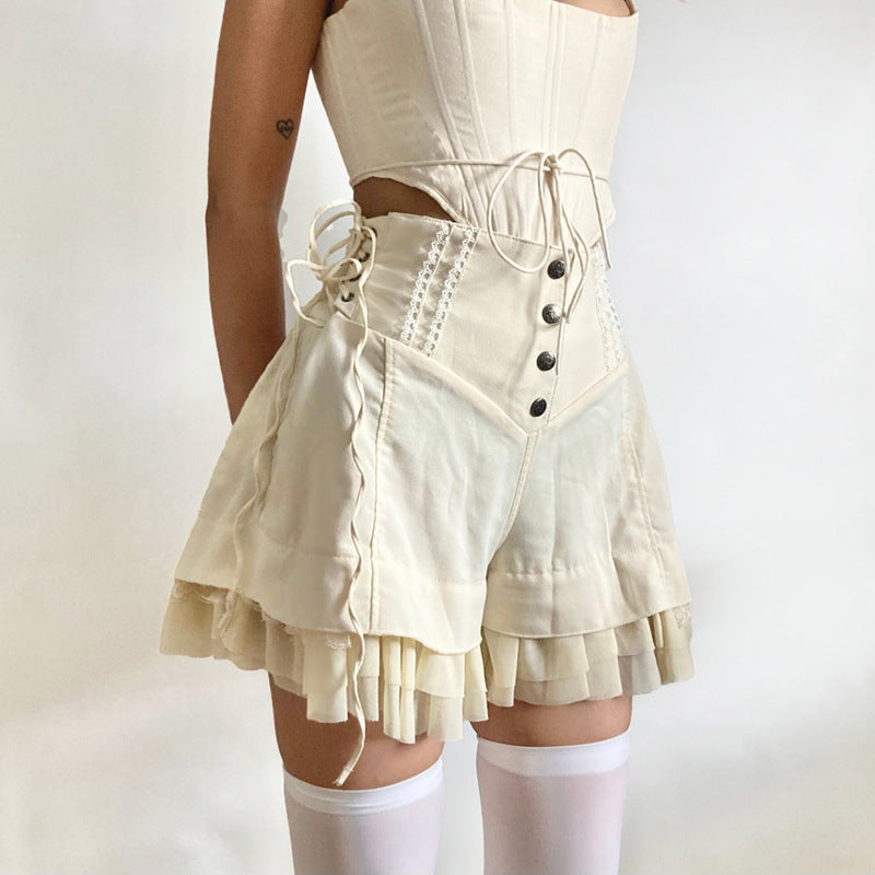 Breasted Lace Up Casual Fashion Girlish Style Ruffled Patchwork Shorts