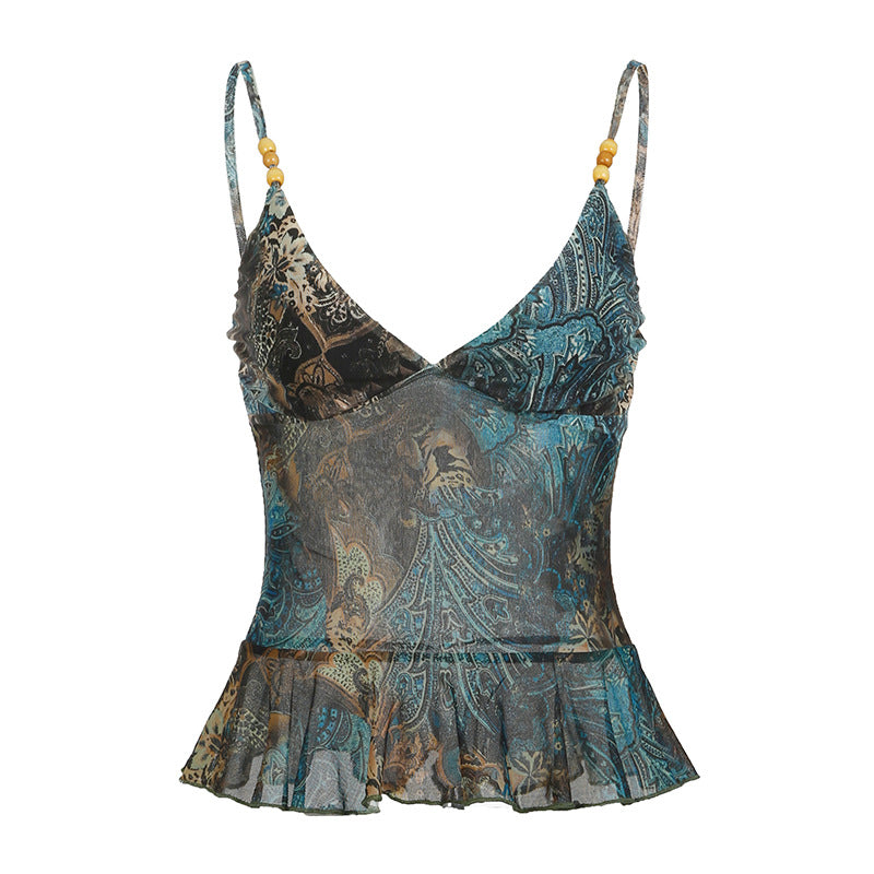 Retro Printed Beaded Sexy Backless Gauzy Tops