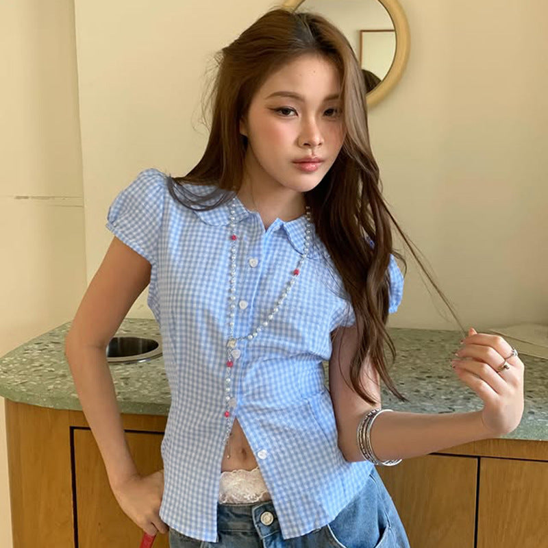 Women's Organ Pleated Solid Color Collar Short-sleeved Blouses