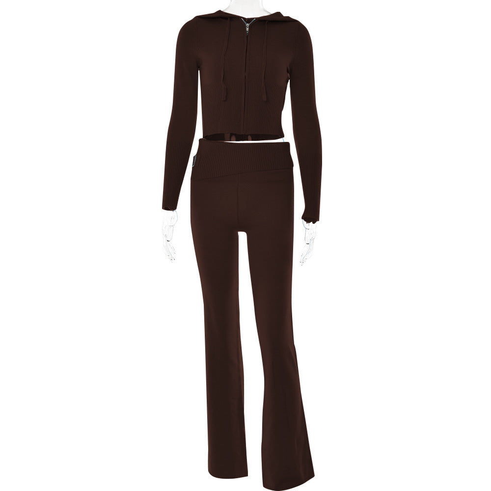 Women's Knitted Hooded Fashion Sexy High Waist Long-sleeved Trousers Suits