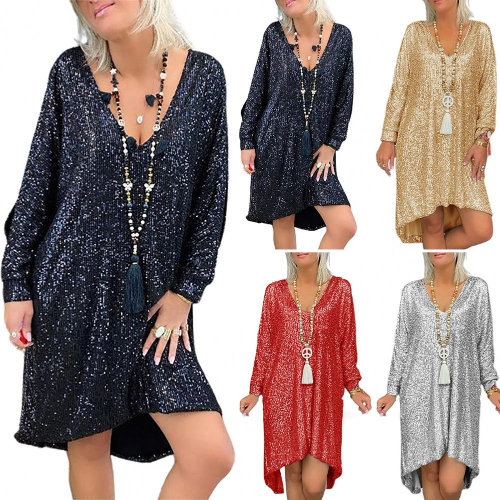 Short-sleeved Urban Casual Solid Color Loose Pullover Sequined Dresses