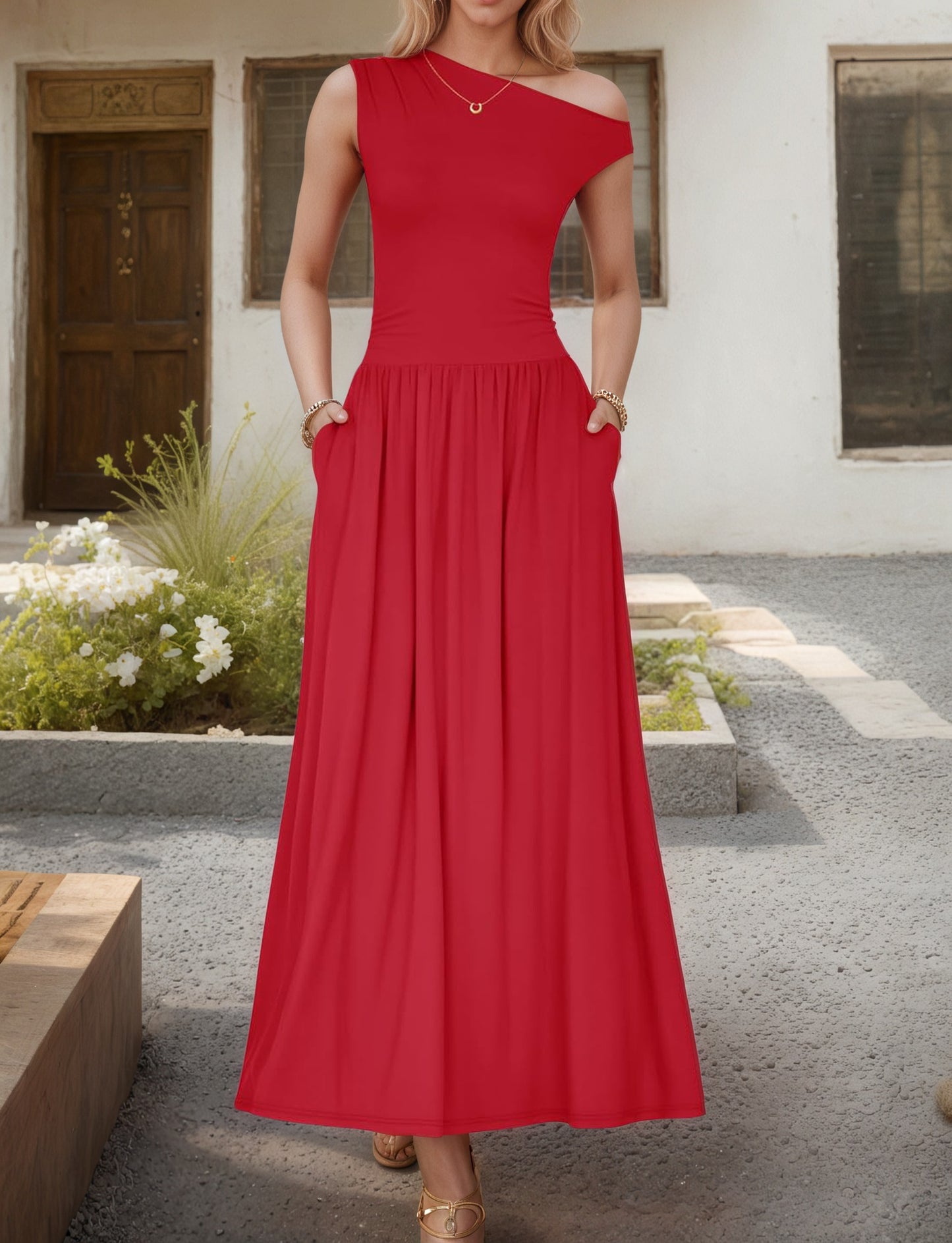 Women's Slant Shoulder Pocket Dress Summer Elegant Dresses