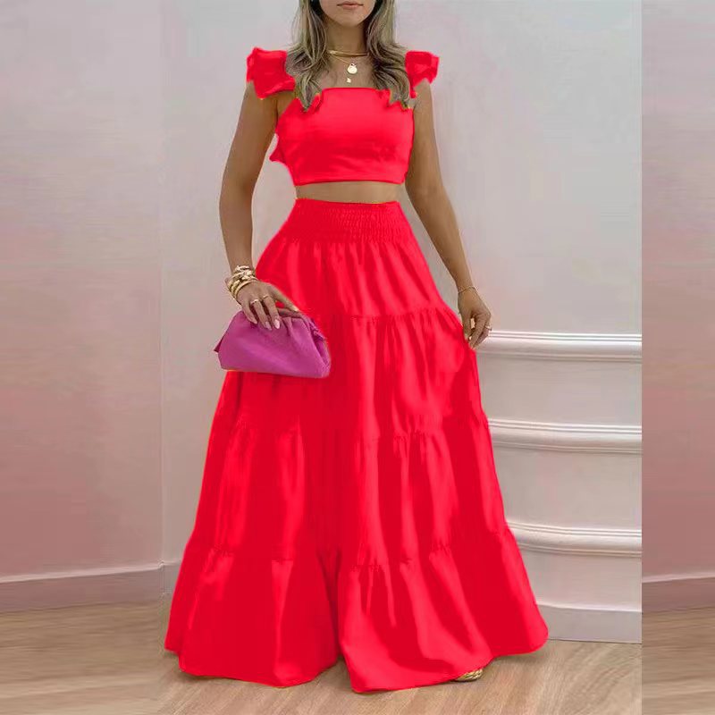 Summer Temperament Sexy Backless Solid Color Two-piece Sling Dresses