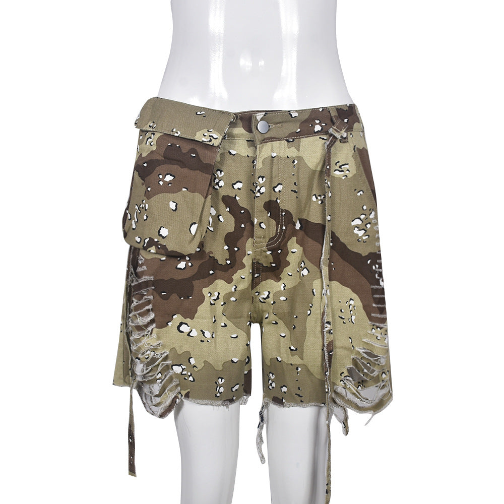 Women's Summer Sexy Tassel Camouflage Pocket Street Pants