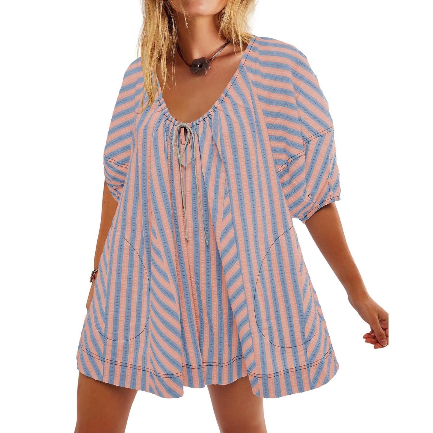 Women's Summer Short-sleeved Striped Shirt Slimming Casual Jumpsuits