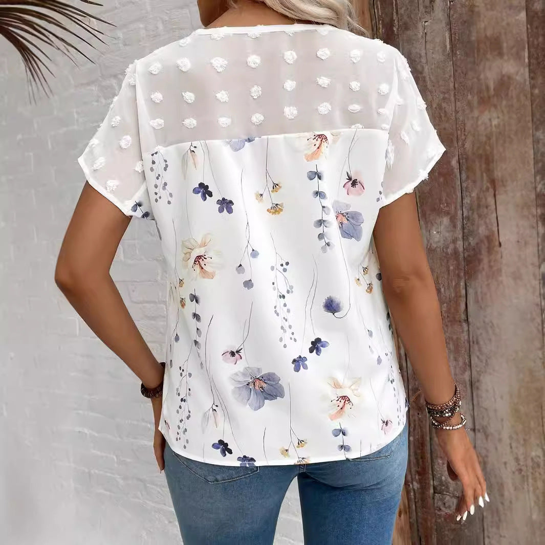 Women's Summer Fashion Printed Lace Stitching Short-sleeved Blouses