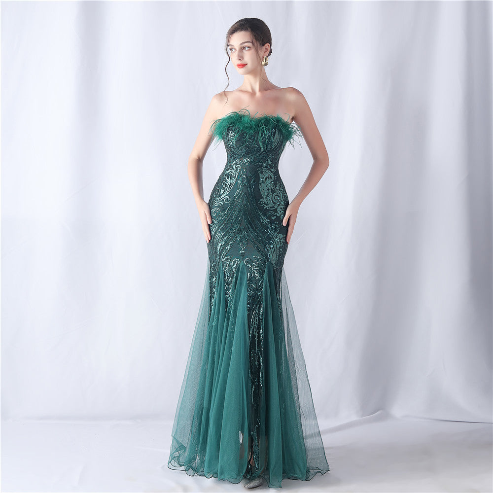 Ostrich Feather Positioning Flower Cutting Tube Evening Dresses
