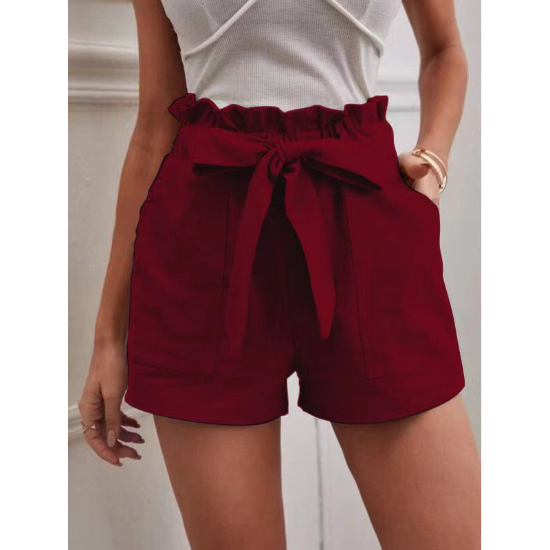 Women's Linen Leisure Pocket Solid Color Waist Shorts