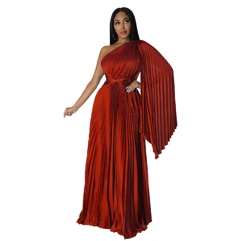 Women's Fashion Wear Pleated Diagonal Collar Tight Waist Skirts