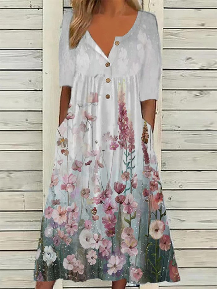 Women's Printed Pocket Clinch Long Dress Plus Size