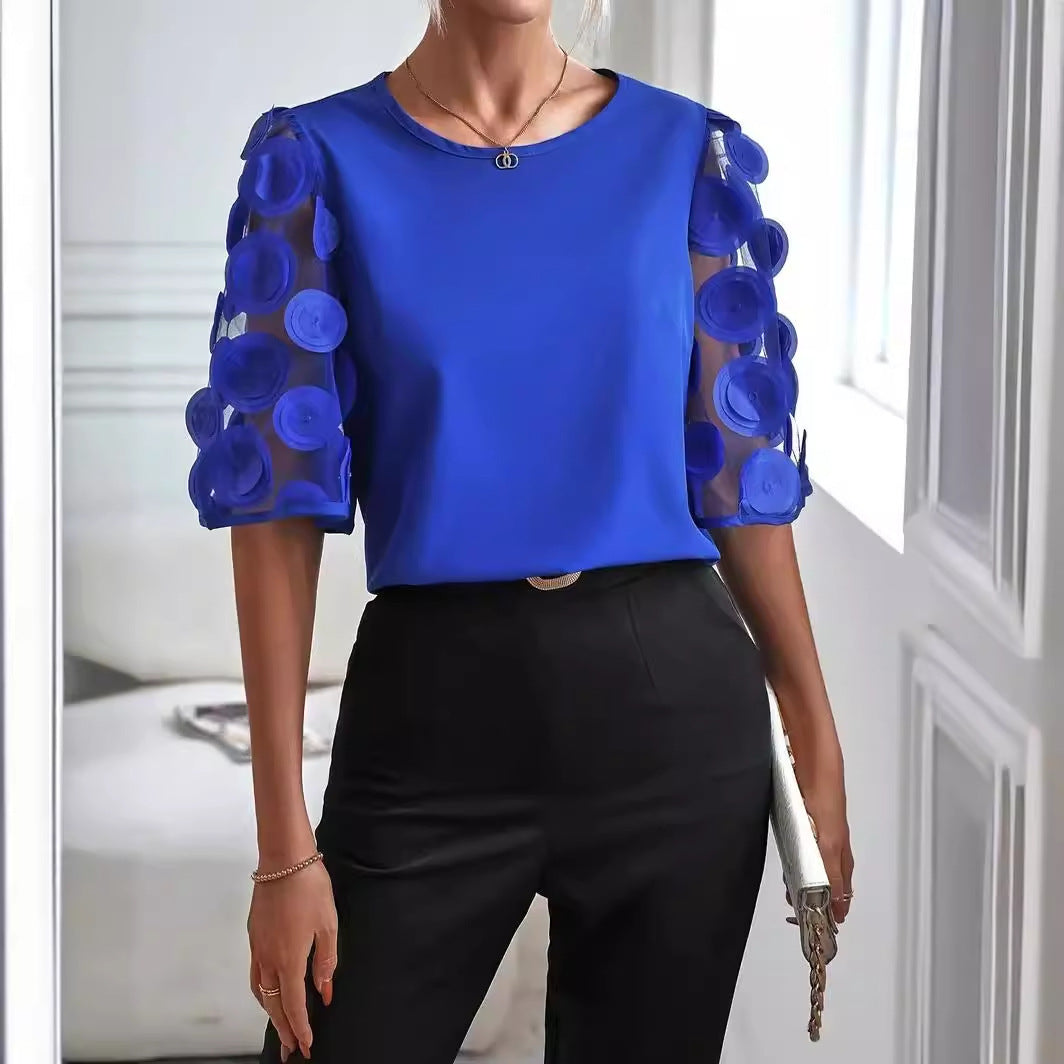 Round Neck Sleeve Casual Lace Patchwork Blouses