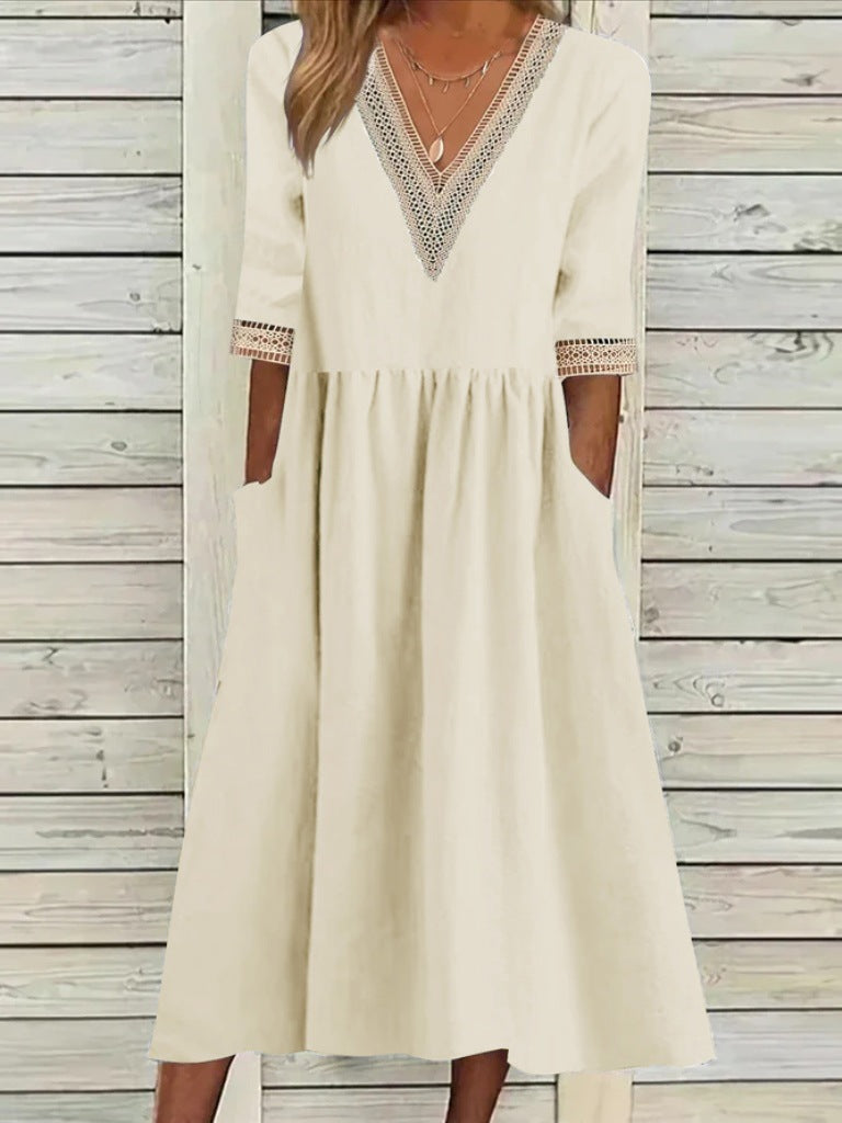 Women's Loose Cotton Linen Lace Collar Half Dresses