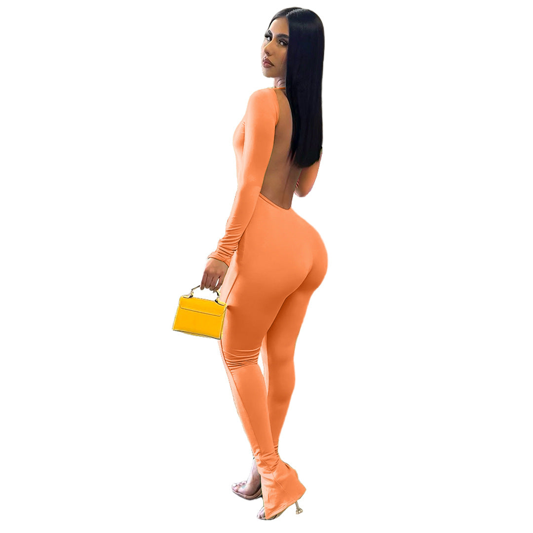 Women's Finger Stall Clothes Solid Color Backless Slit Jumpsuits