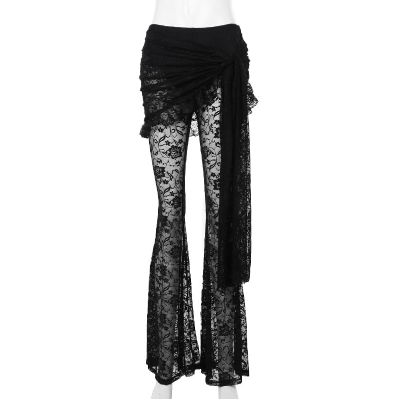 Women's Flocking Strap Tube Elegant Lace Bell-bottom Asymmetric Tops