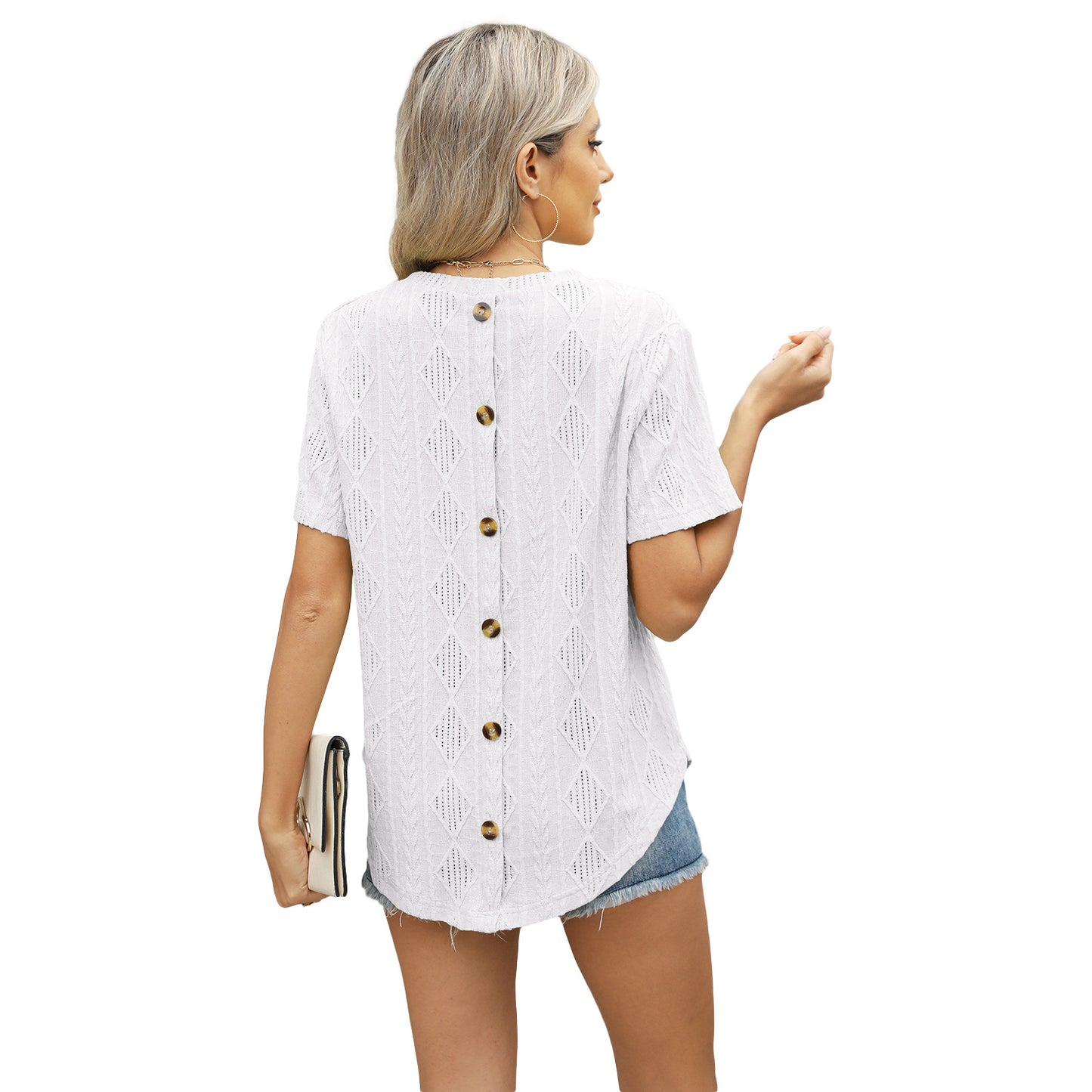 Round Neck Back Buttoned Jacquard Sleeve Shorts
