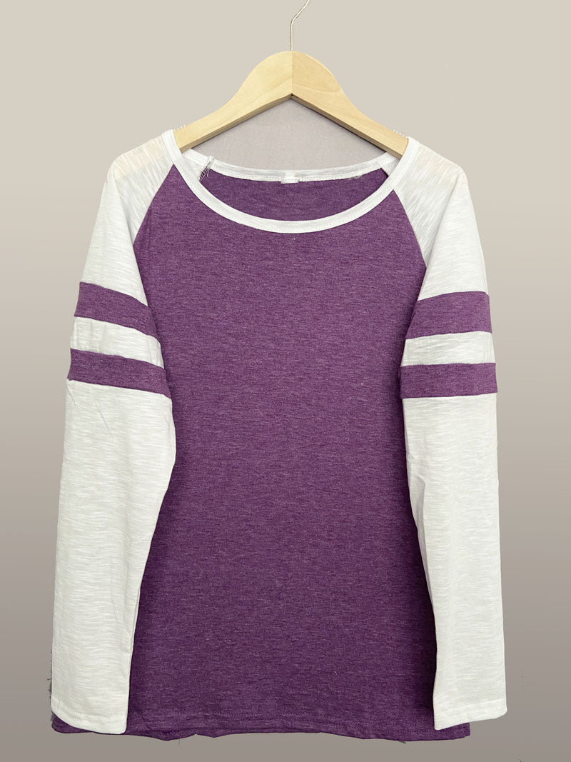 Striped Stitching Long Sleeve T-shirt Round Blouses