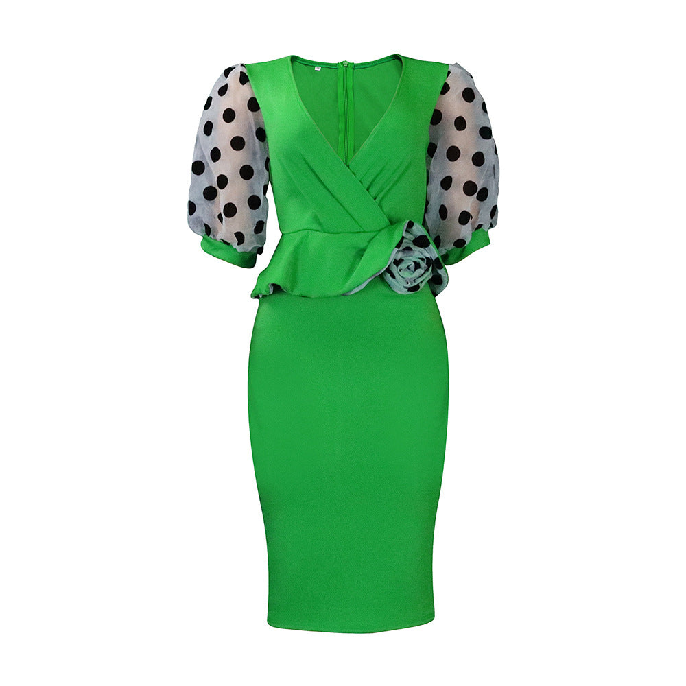 Women's Patchwork Temperament Mesh Puff Sleeve Pencil Dress