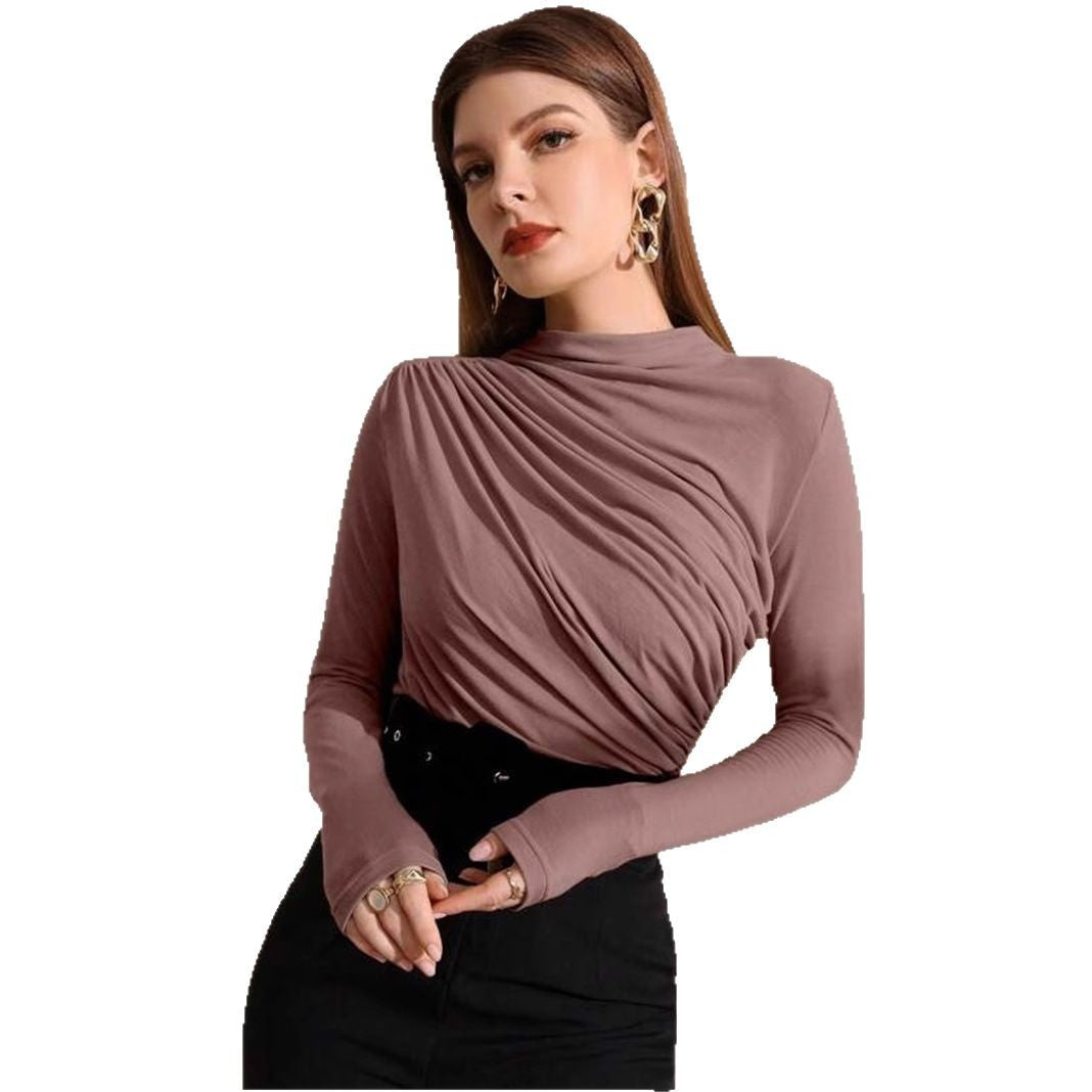 Small Turtleneck Design Pleating Versatile Long-sleeved Tops