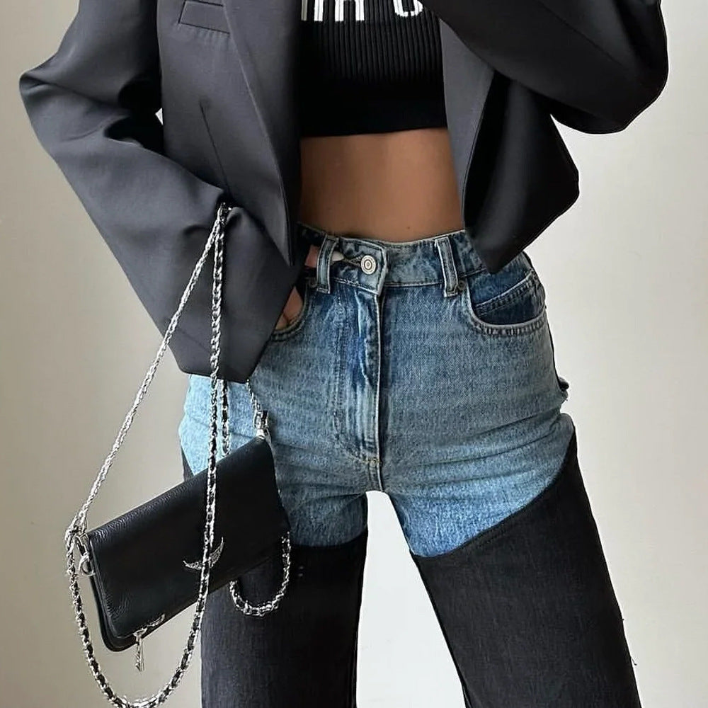 Women's Spring Fashion Casual Contrast Color Stitching Jeans