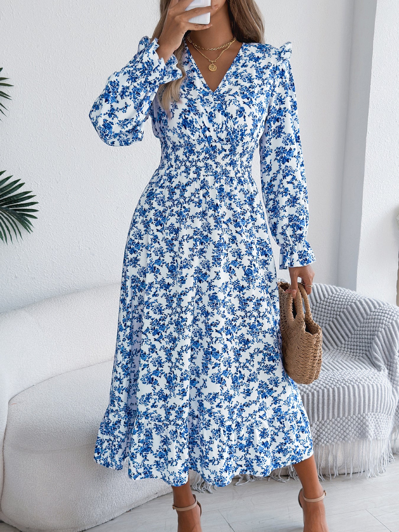 Women's Elegant Floral Cross Waist Trimming Ruffles Dress