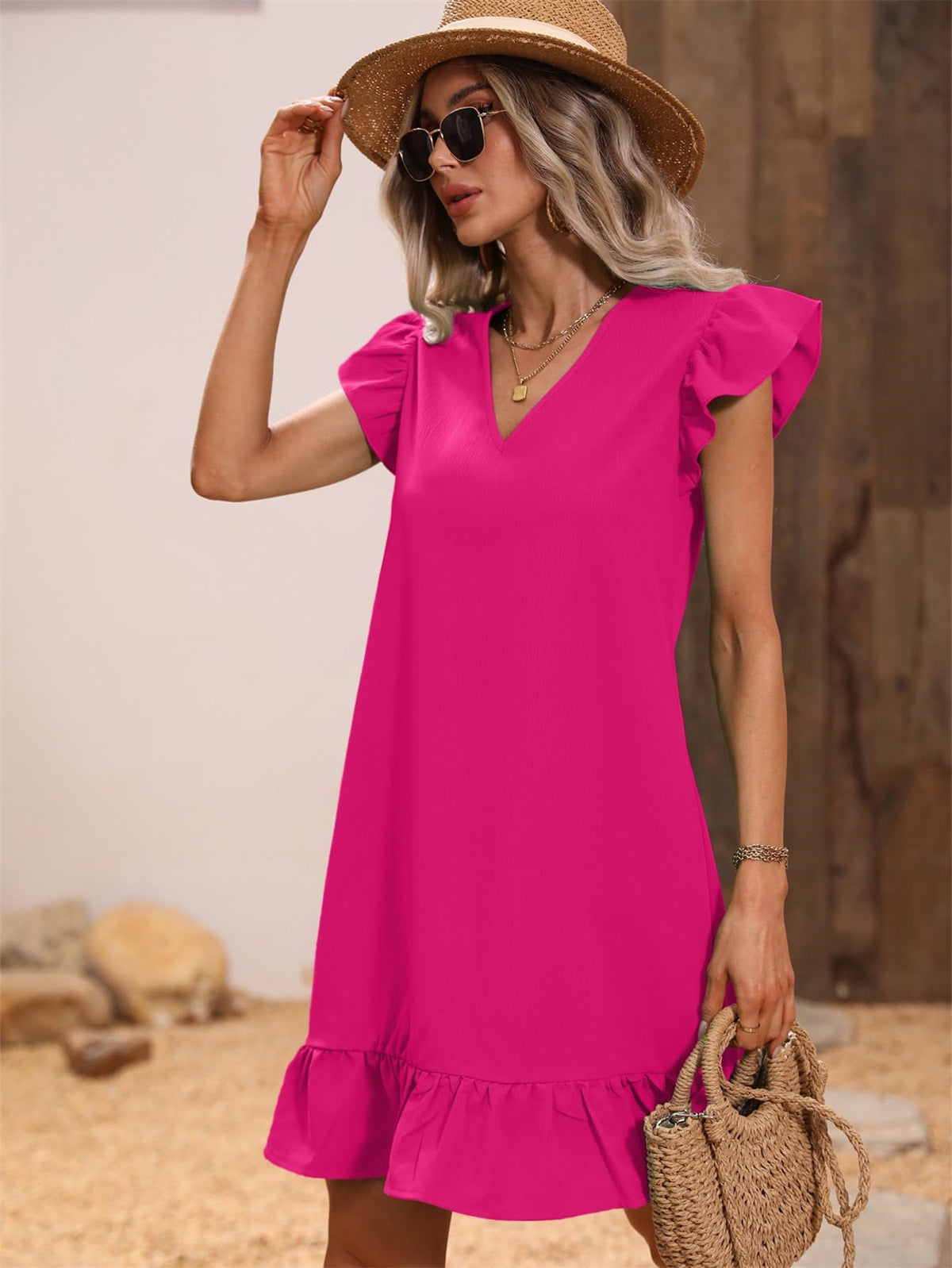 Women's Collar Ruffle Sleeve Loose Waist Dress