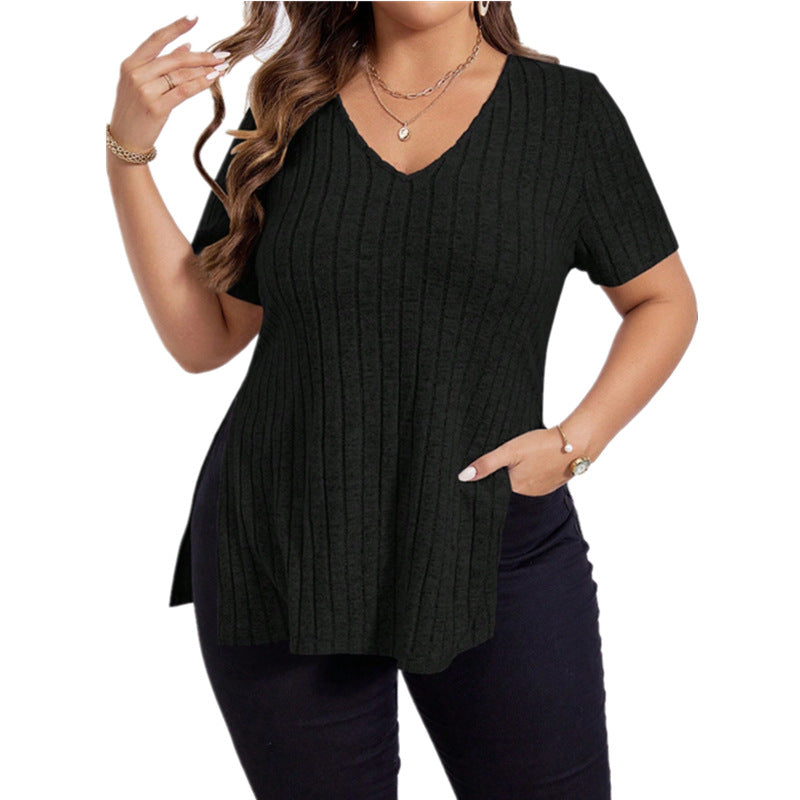 Women's Solid Color Short-sleeved Split Sunken Stripe Blouses
