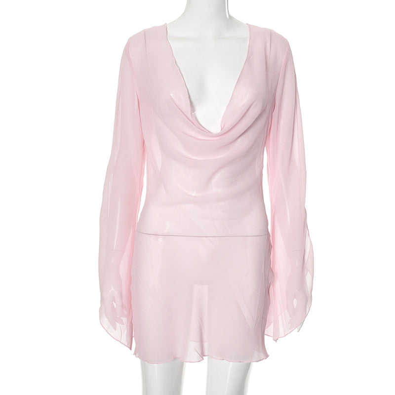 Women's Long-sleeved Swing Collar Mesh Bare Back Dresses