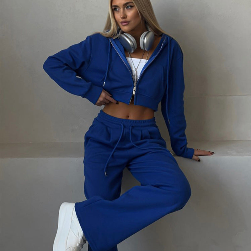 Women's Casual Solid Color Midriff Outfit Hooded Suits
