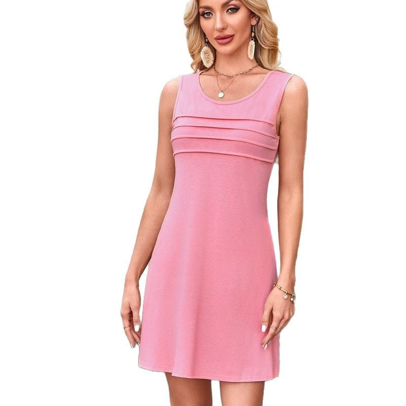 Women's Casual Round Neck Pleated Sleeveless Printed Dresses