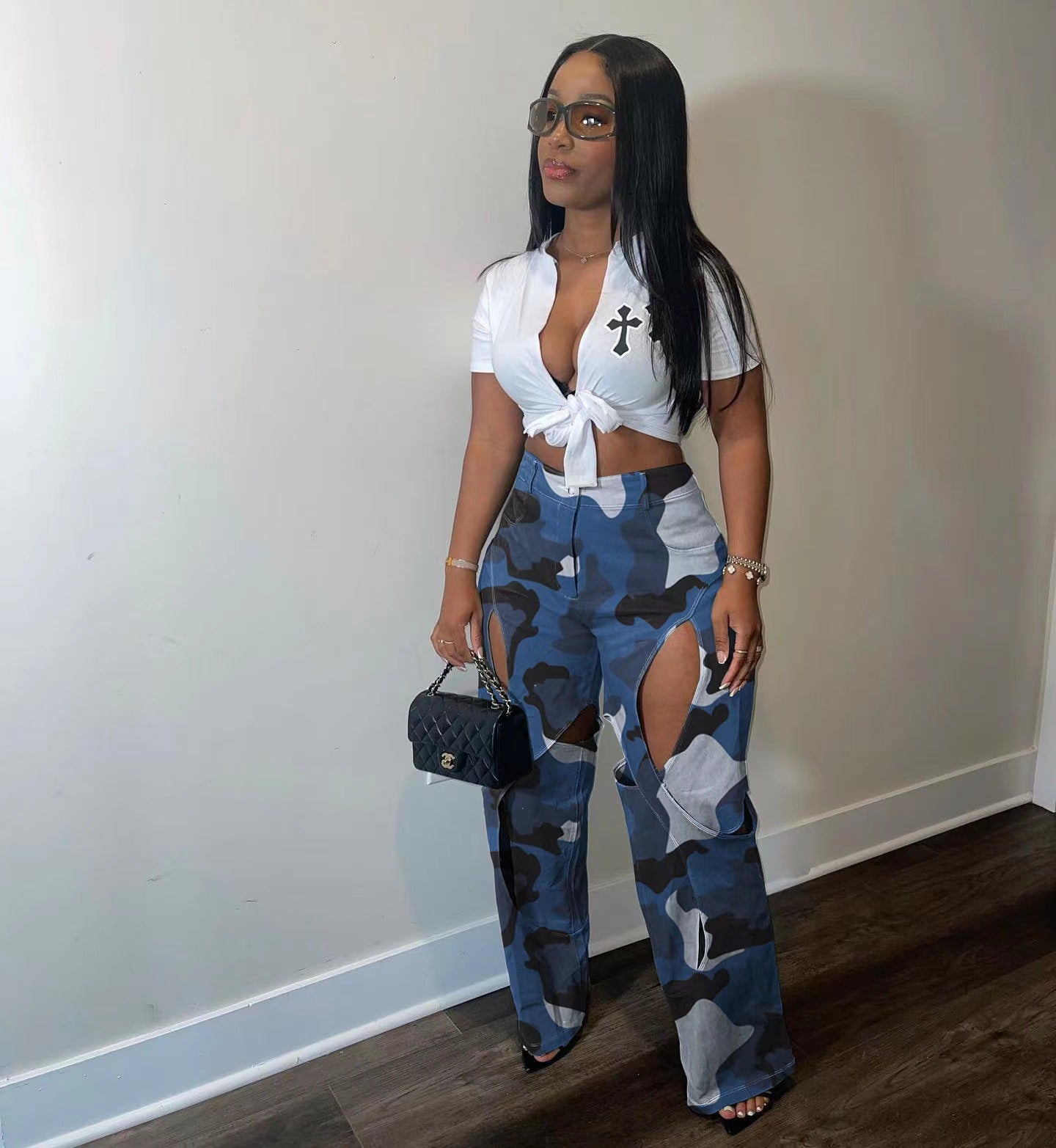 Fashion Digital Hd Printing Hole Cross Pants