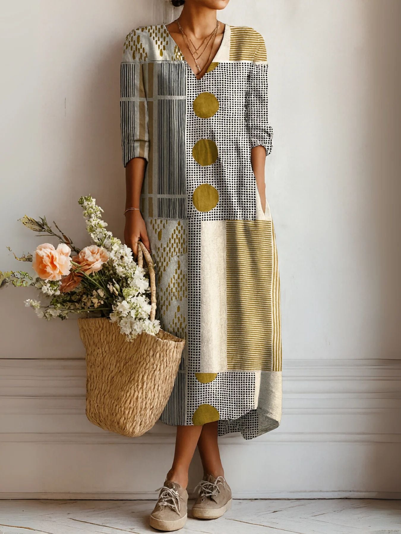 Women's Vintage Floral Art Pattern Printed Pocket Dresses