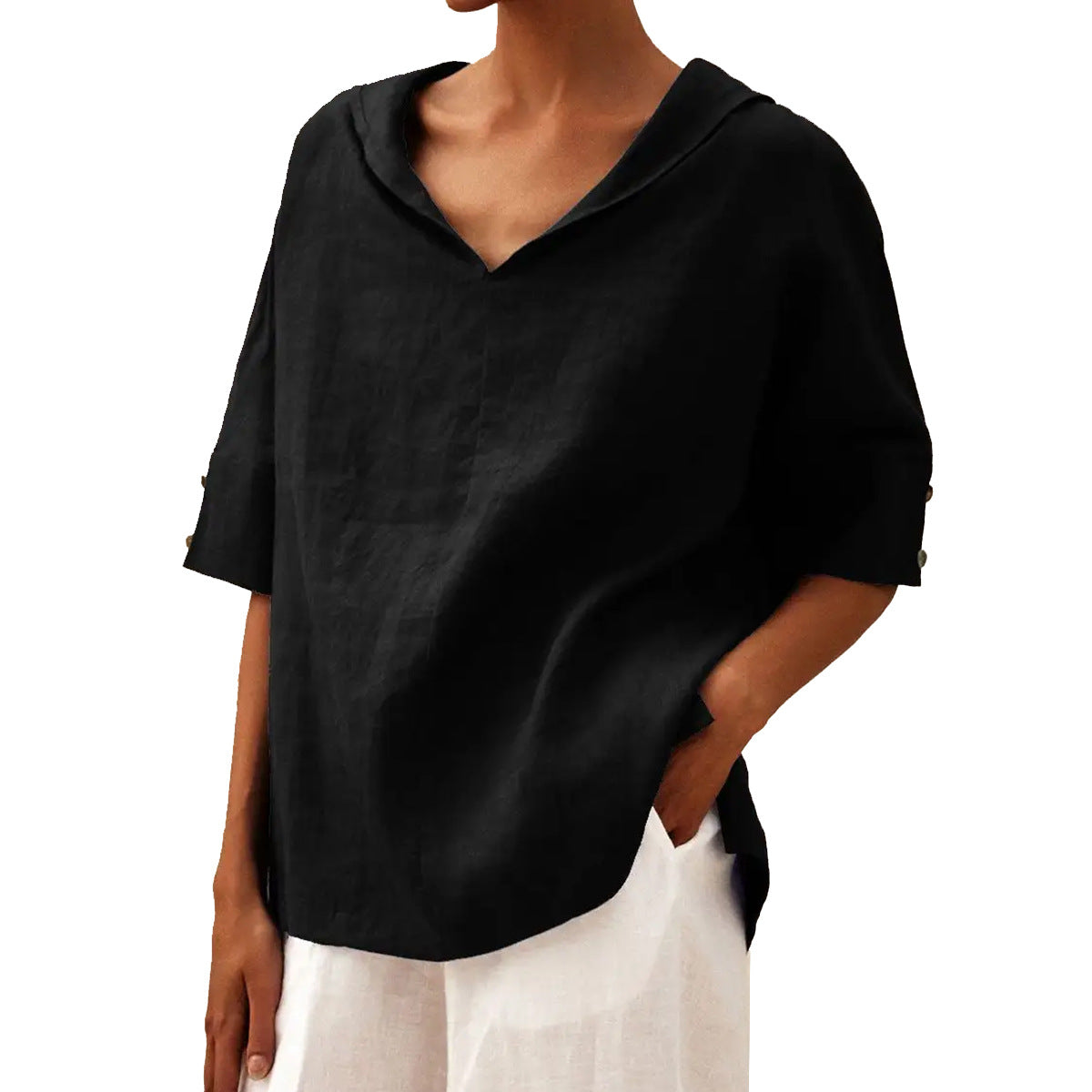 Women's Solid Color Cotton Linen Hoodie T-shirt Blouses