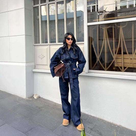 Women's Retro Waist Lapel Denim Trousers Set Suits