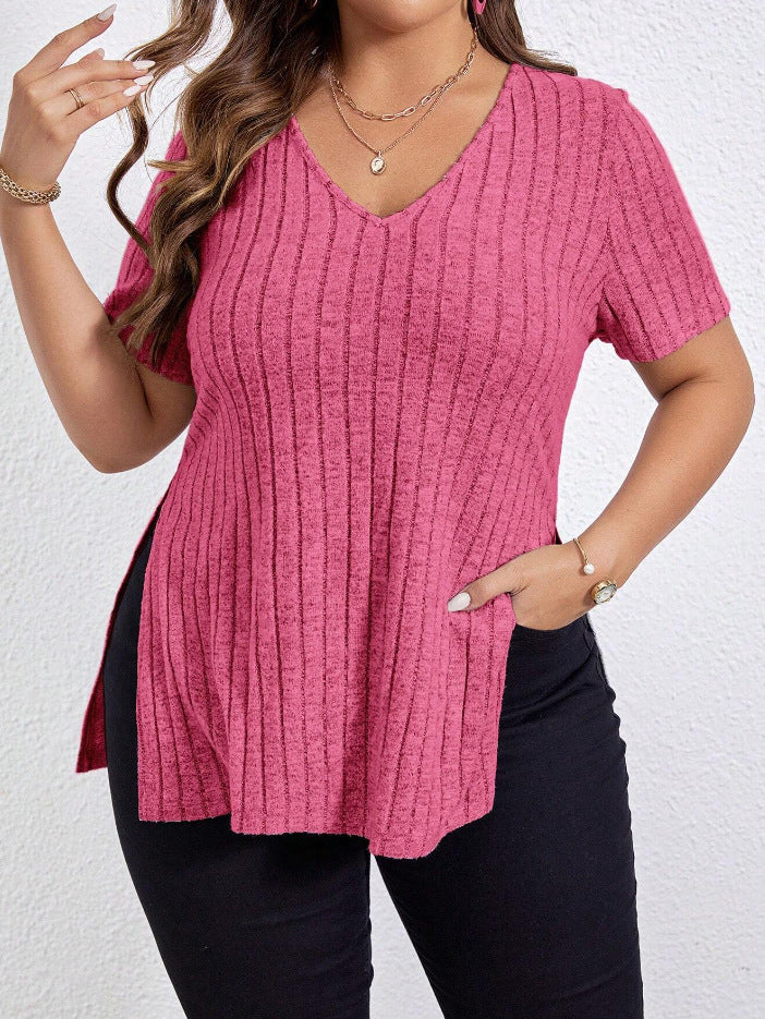 Women's Solid Color Short-sleeved Split Sunken Stripe Blouses