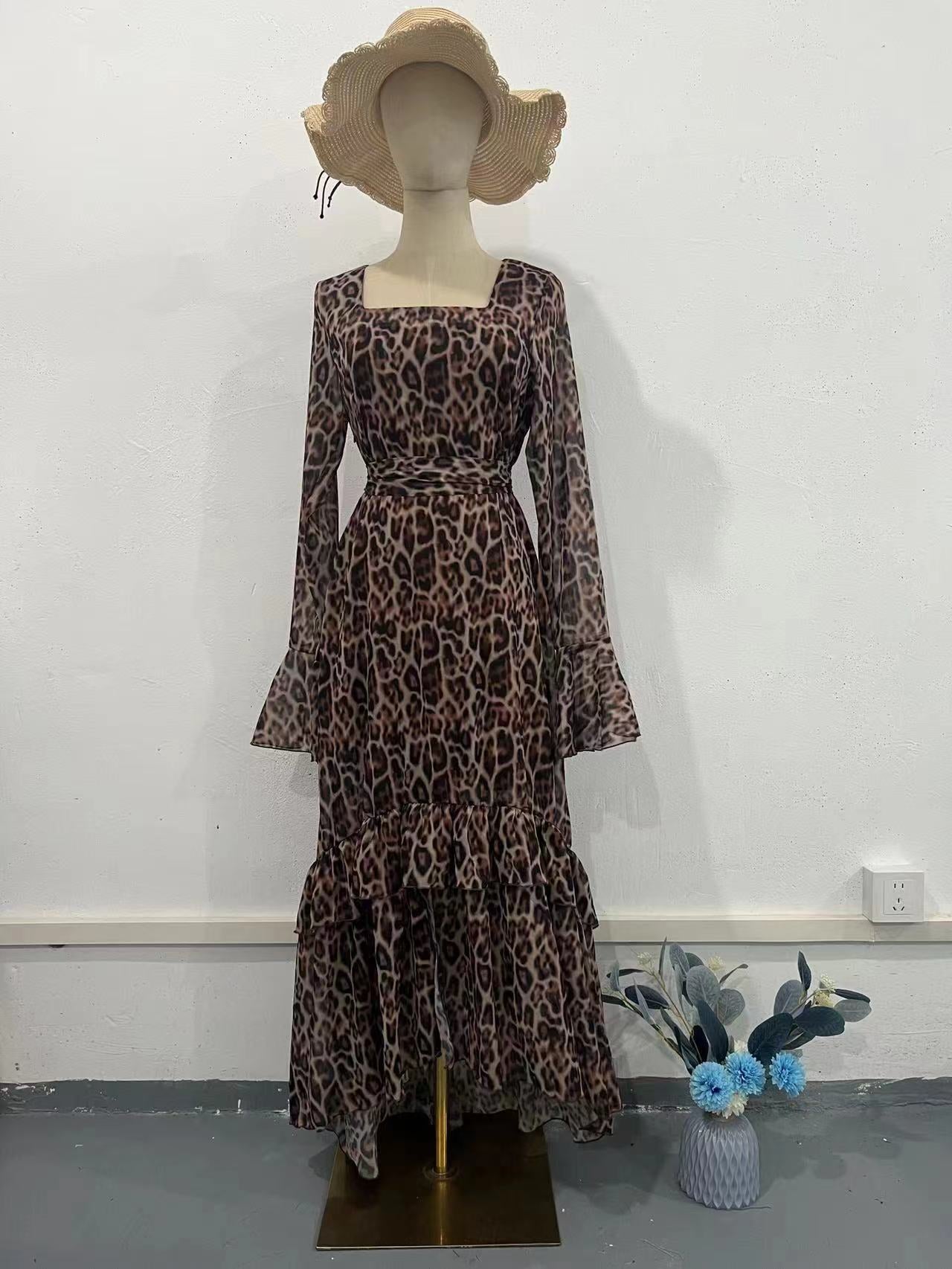 Spring Chiffon Leopard Print Ruffle Sleeve Temperament Long Dresses