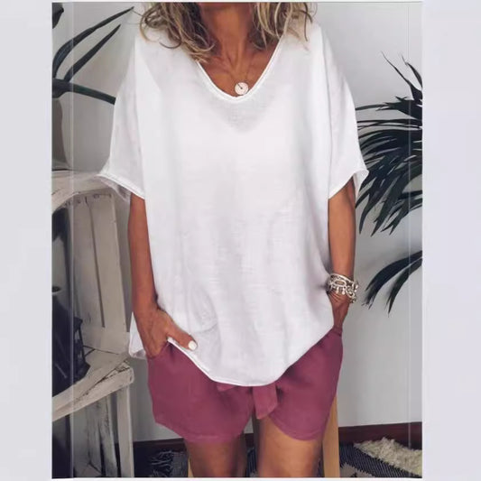 Solid Color Loose Sleeve Casual Cotton Blouses
