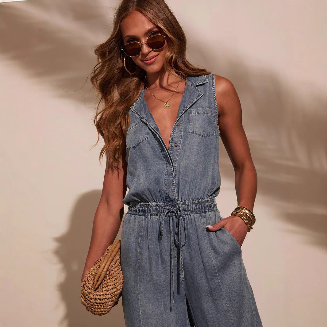 Women's Summer Leisure Washed-out Thin Denim Jumpsuits