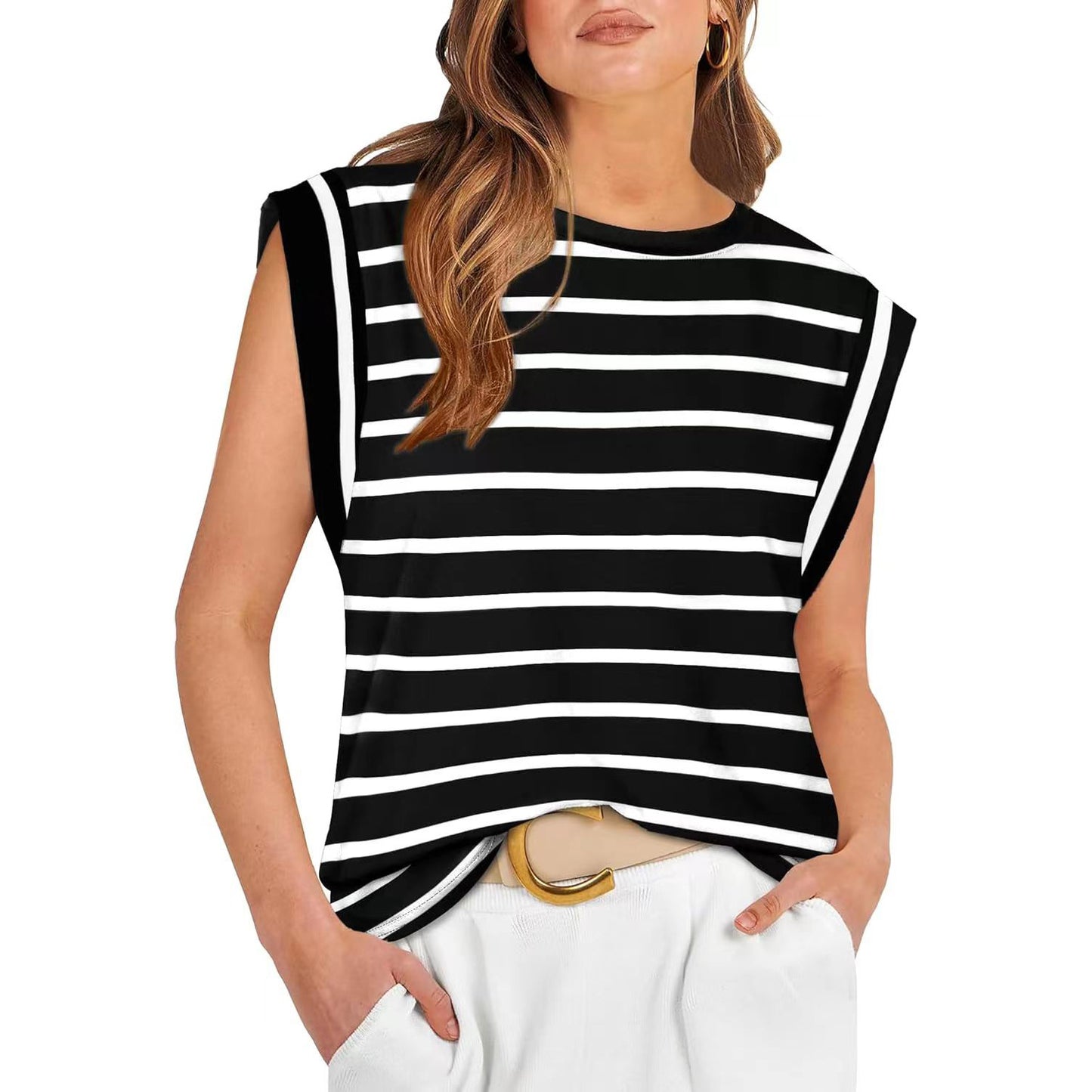 Women's Round Neck Loose Sleeves T-shirt Striped Blouses