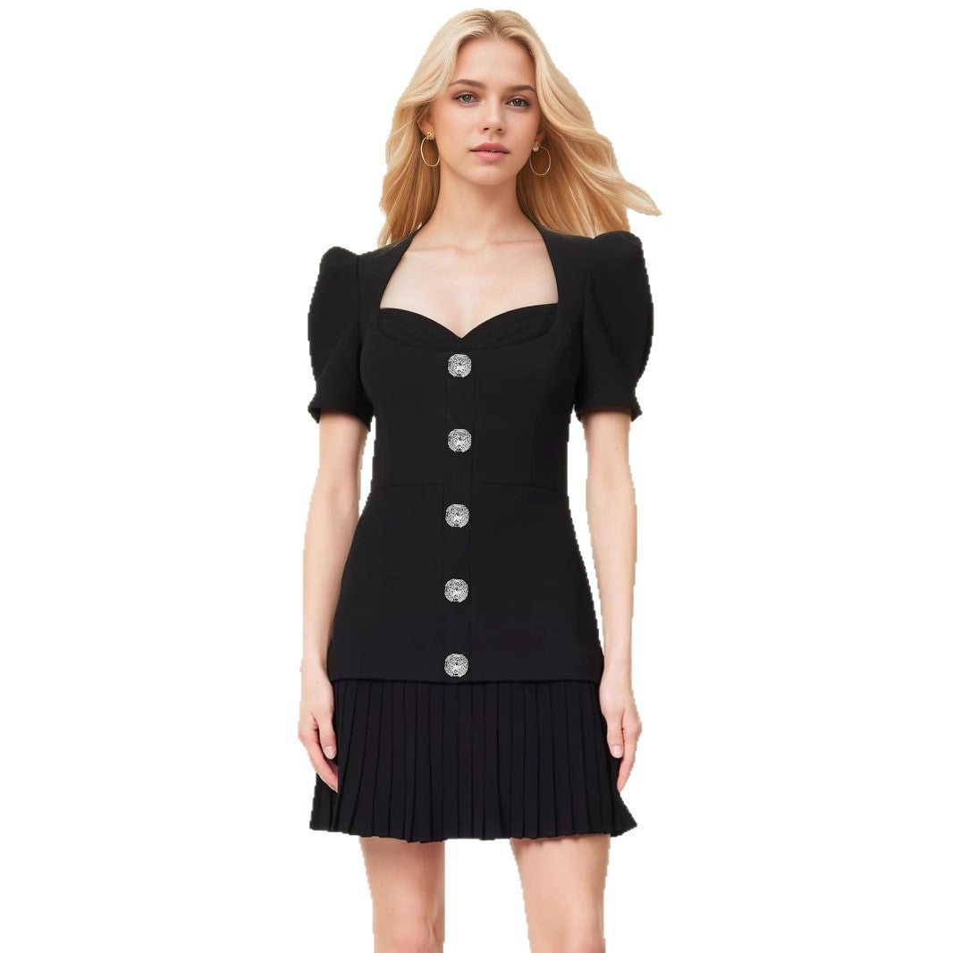 Women's Vintage Style Single-breasted Black Dress Button Dresses