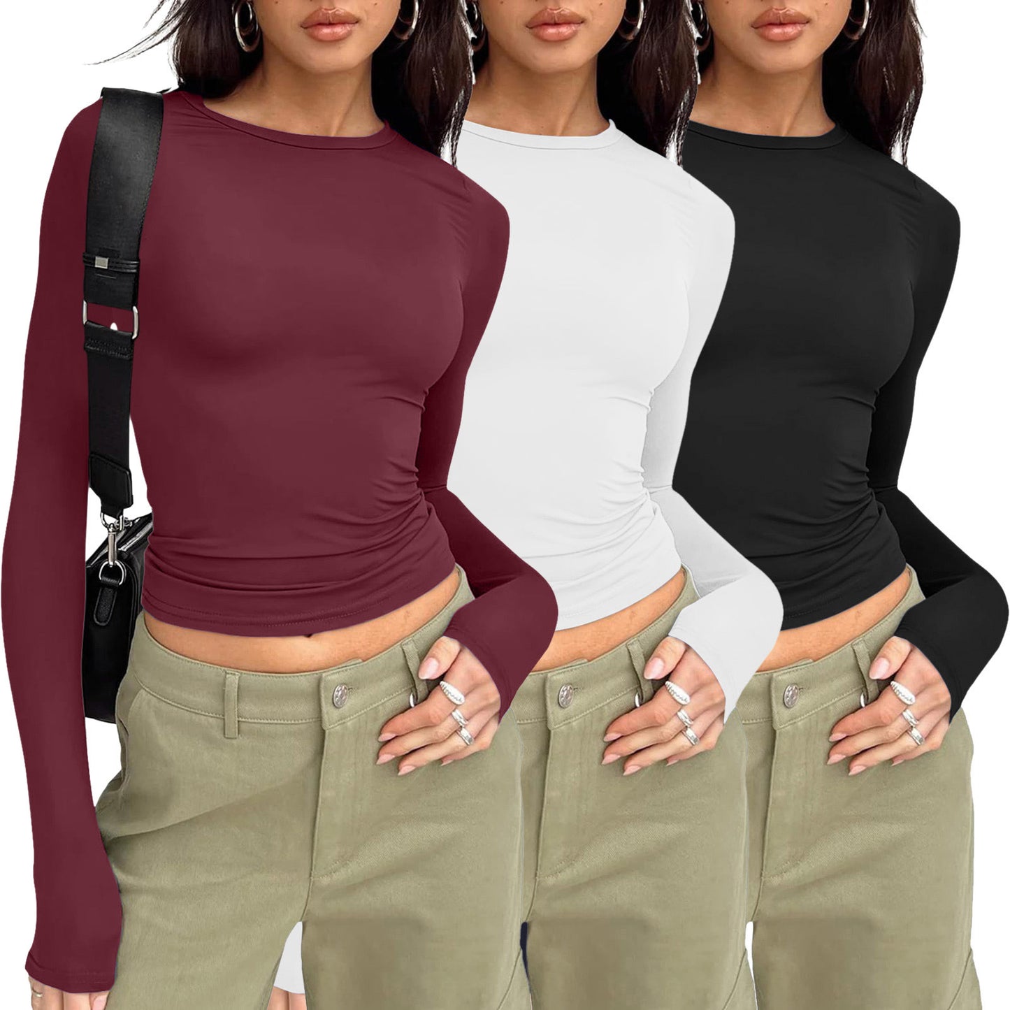 Women's Long-sleeved Solid Color Slim Pullover T-shirt Blouses