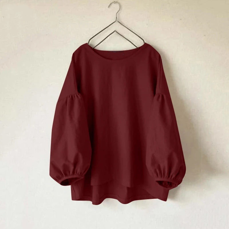 Women's Long Sleeve Round Neck Shirt Solid Color Tunic Blouses