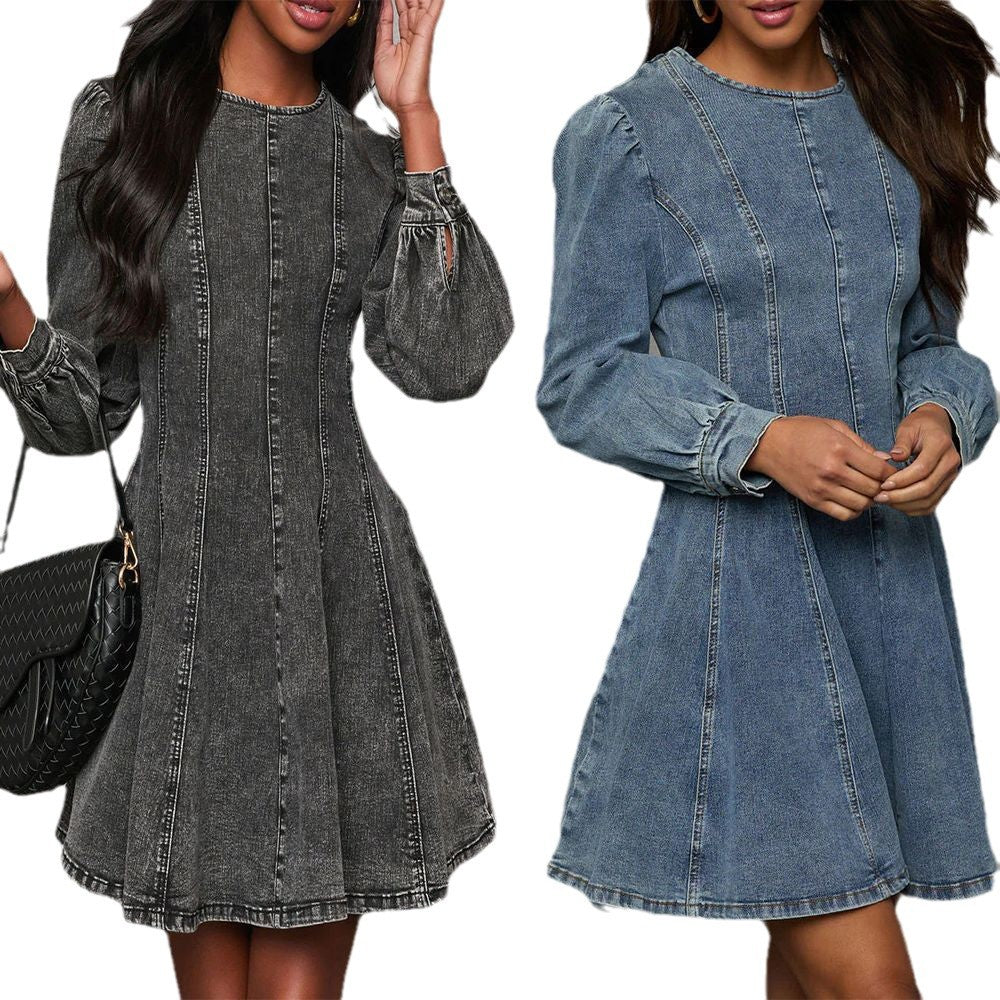 Women's Autumn Elegant Patchwork Denim Long Sleeve Dresses