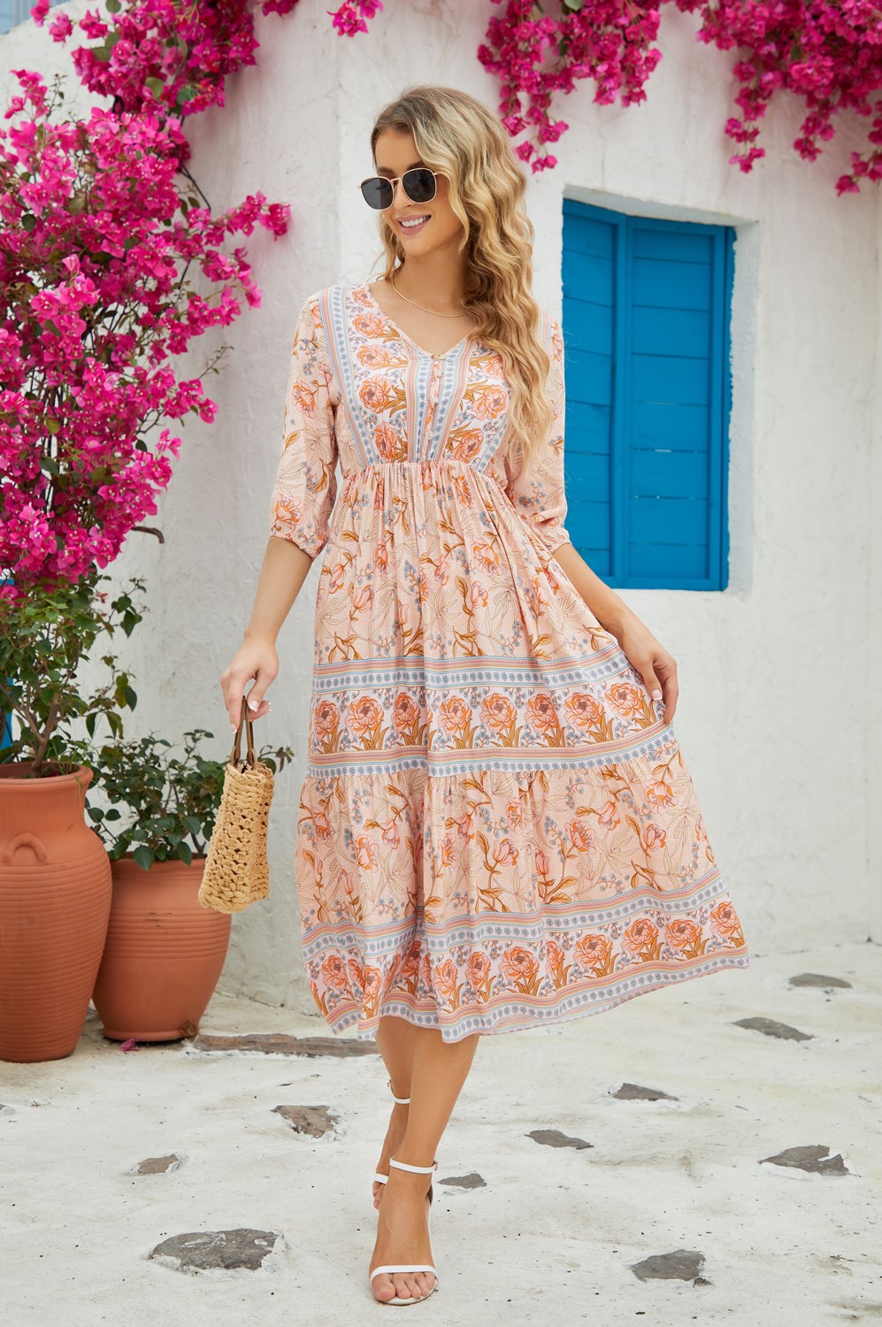 Women's Floral High Waist Bohemian Long A- Dress