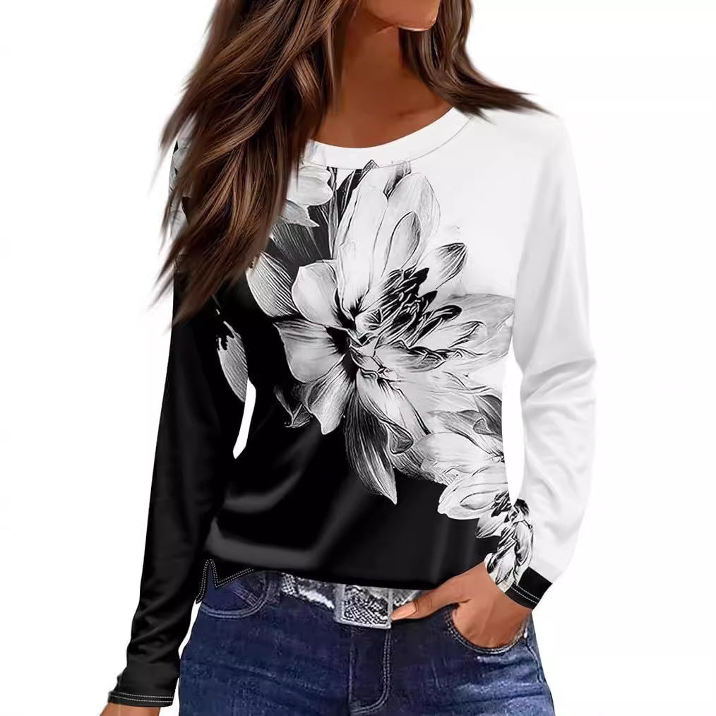 Women's Round Neck Printed Solid Color Long Blouses