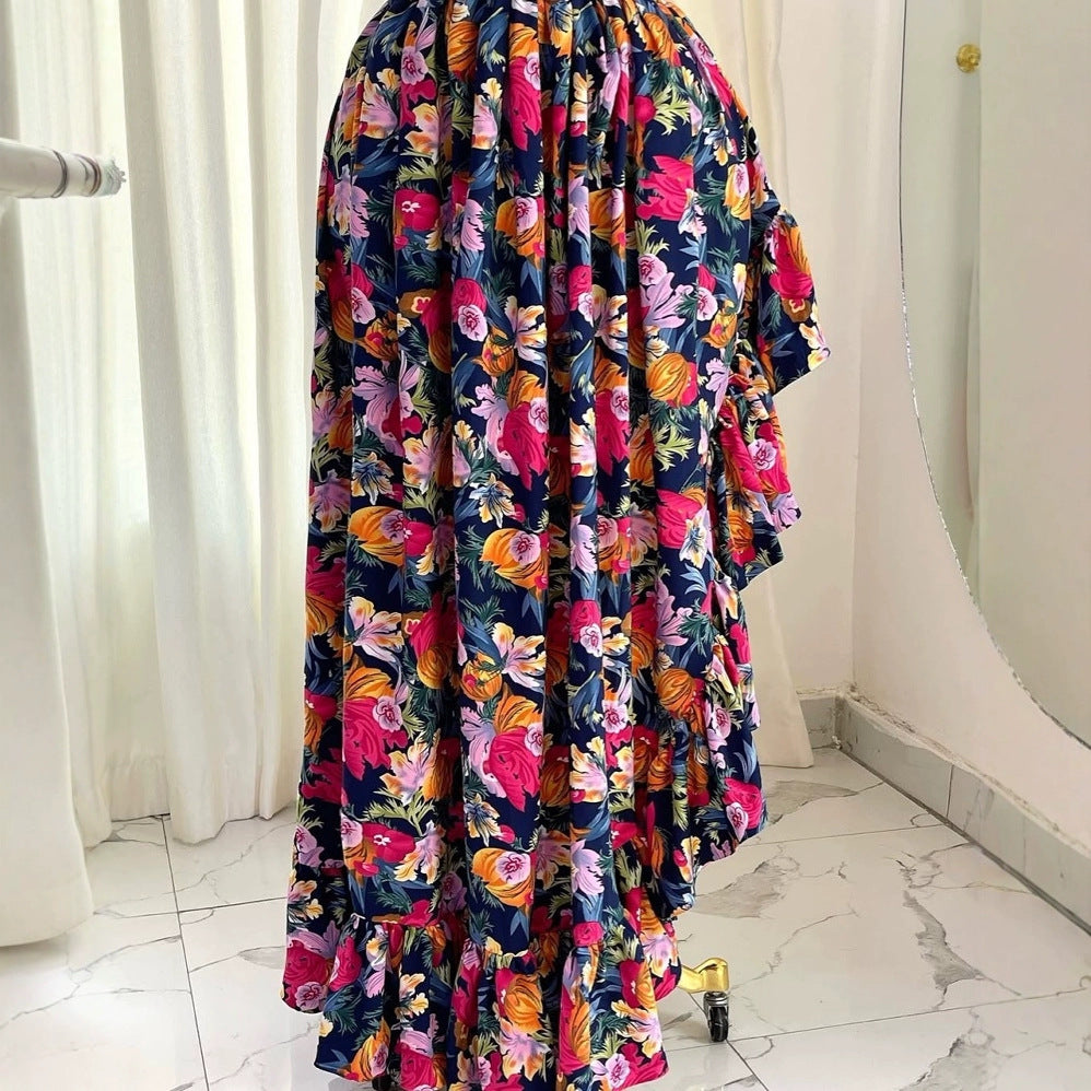 Women's Spring Fashion Print Lace Sleeve Irregular Dresses