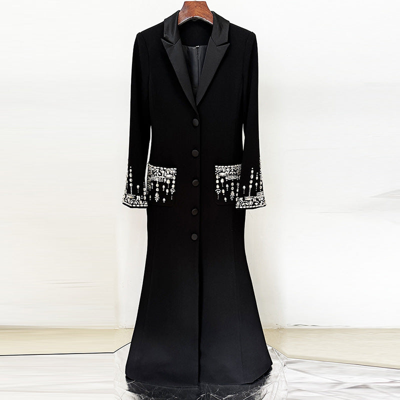 Fashion Bead Diamond Tailored Collar Long Dress