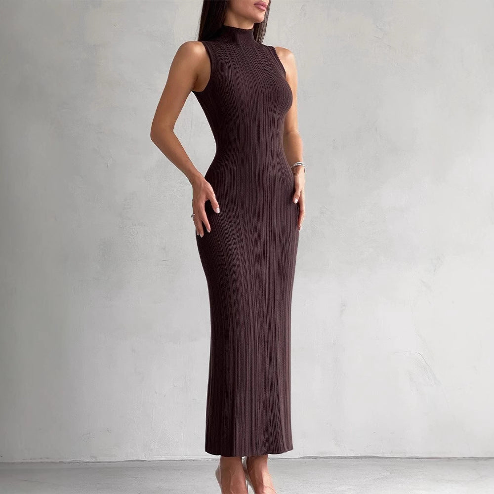 Knitted Turtleneck Sleeveless Tight Midi Dress Dresses