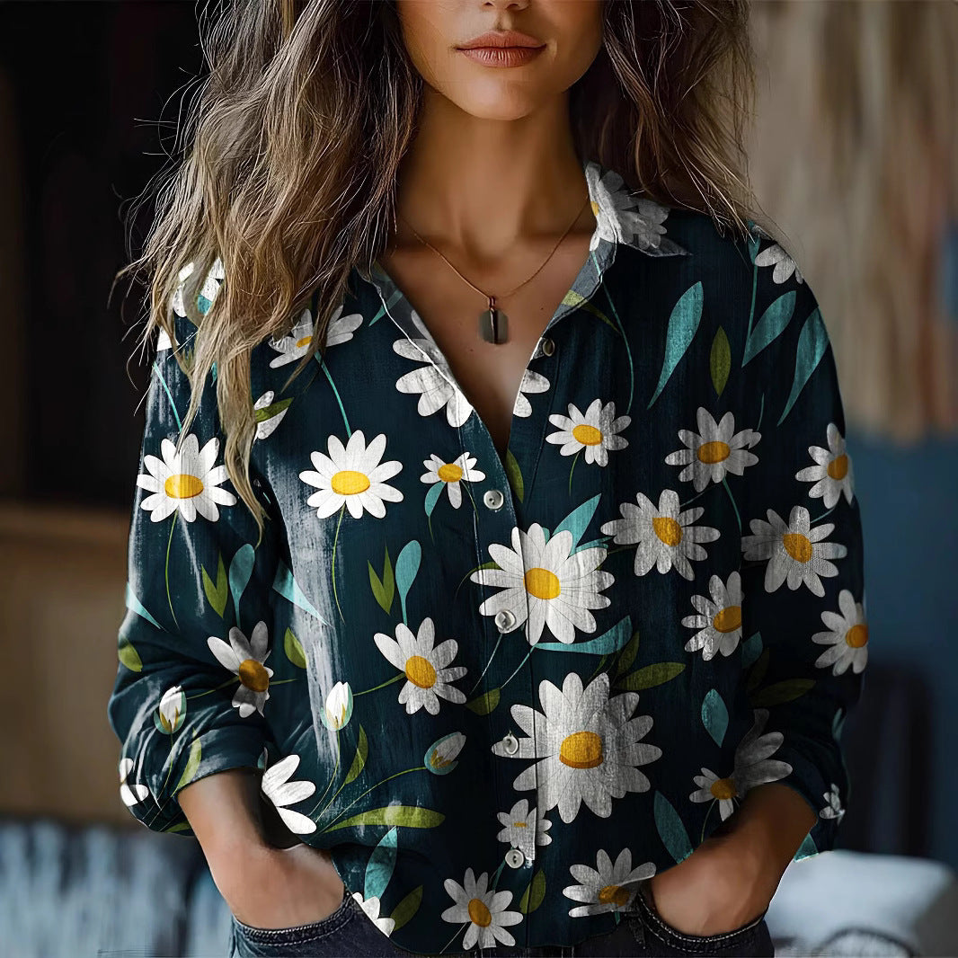 Printed Long-sleeved Shirt Imitation Cotton Linen Blouses