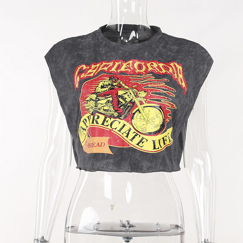 Neck Printed Sleeveless T-shirt Female Hot Shorts